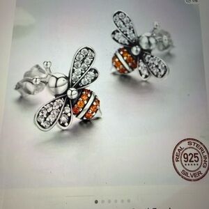 Sterling Silver Bee Earrings with Orange and Silver Accents